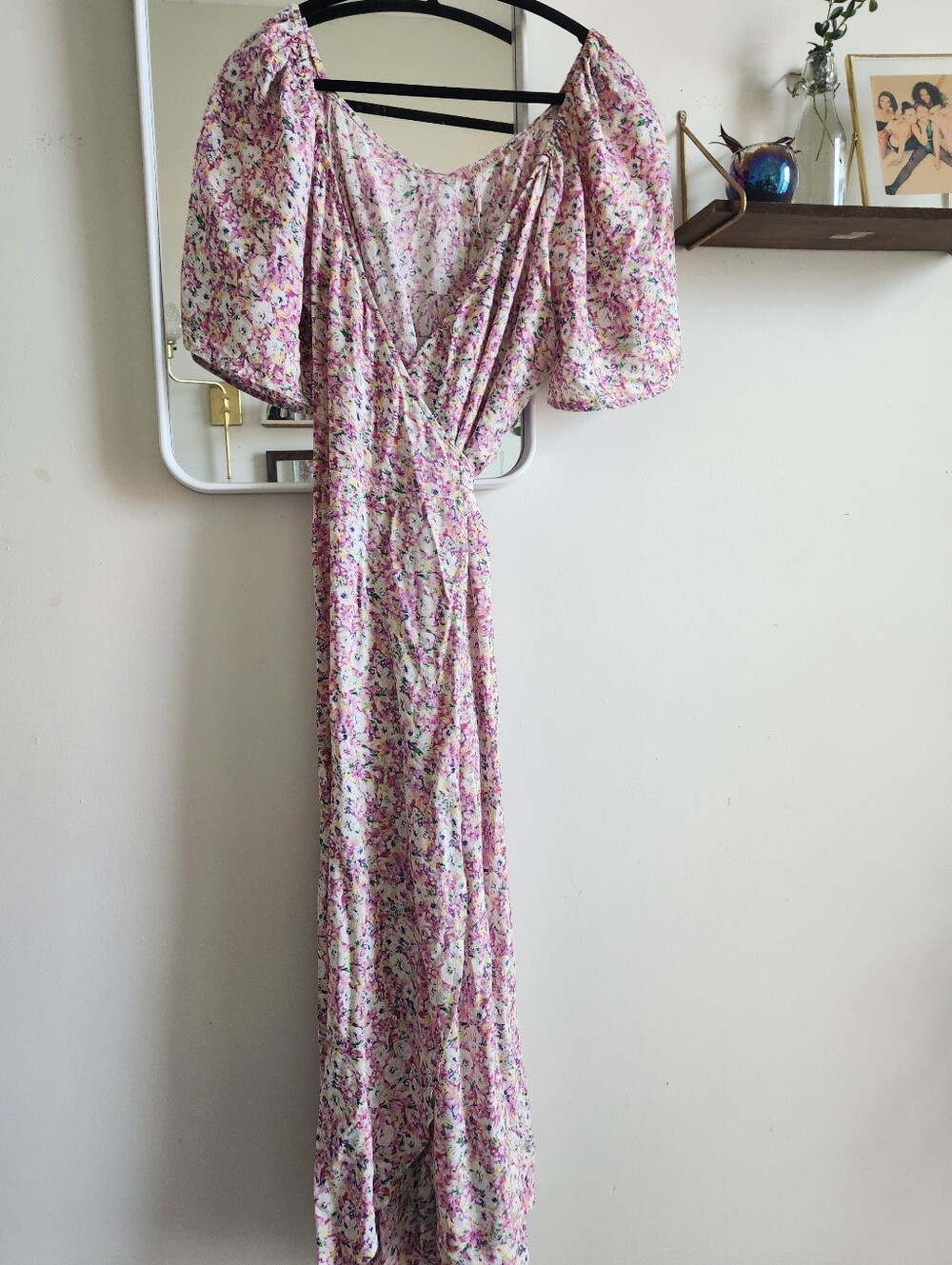 ESQUALO Pink Floral Puff-Sleeve Wrap Maxi Dress with Purple & Green Accents
